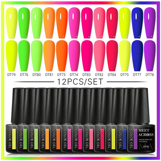 10/12Pcs Fluorescent Gel Nail Polish Set 7ML Neon Vernis Semi Permanent Soak Off UV Led Hybrid Gel Varnishes Base Top Coat Kits