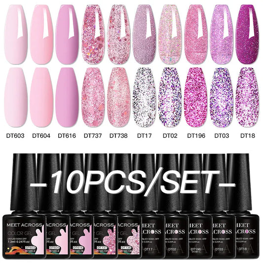 MEET ACROSS 10Pcs/Set Glittle Pink Gel Nail Polish With Reflective Nail Art Varnish Summer Semi Permanent UV Gel Manicure Kits