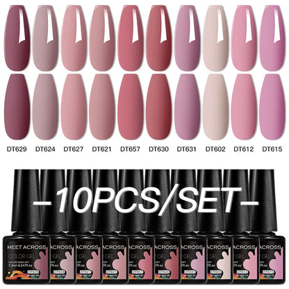 MEET ACROSS 10Pcs/Set Glittle Pink Gel Nail Polish With Reflective Nail Art Varnish Summer Semi Permanent UV Gel Manicure Kits